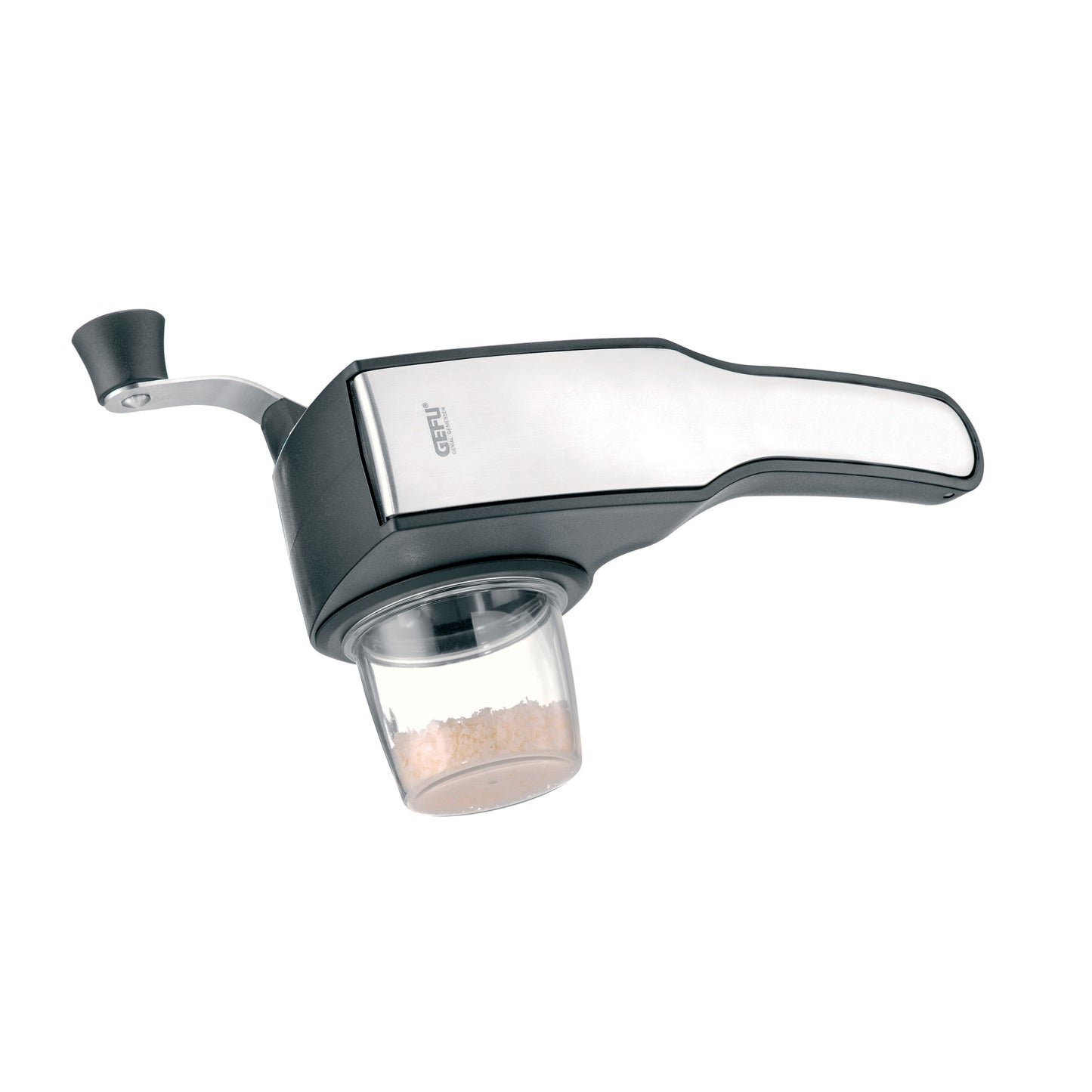 Rotary cheese grater with clear catch container and dark handle base
