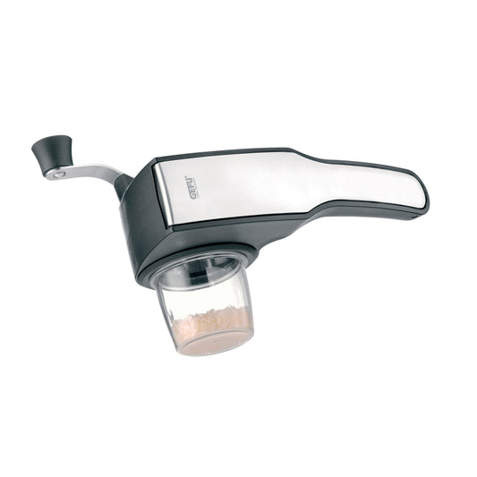 Rotary cheese grater with clear catch container and dark handle base