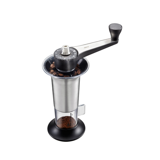 Manual coffee grinder with stainless steel body, black handle, and bean hopper