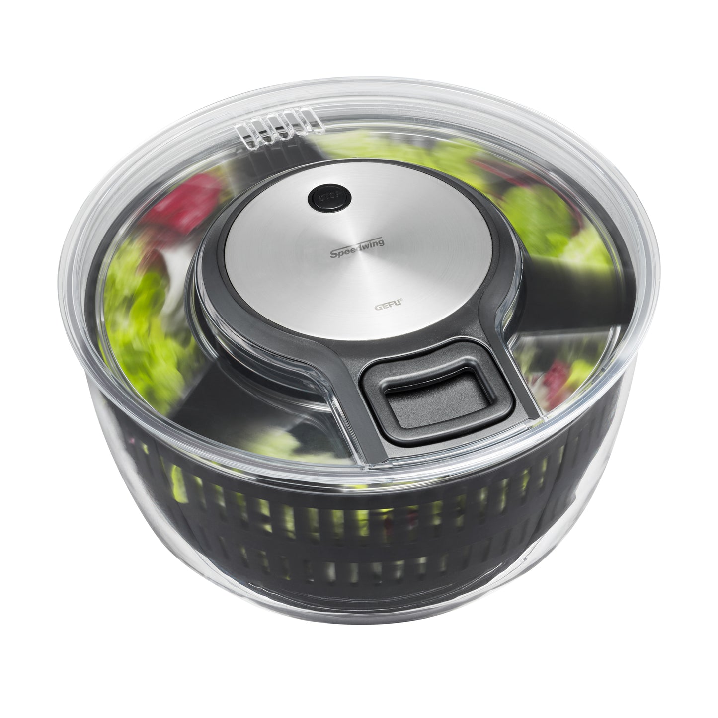 SPEEDWING salad spinner with clear bowl and silver lid, dark base and handle