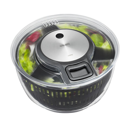 SPEEDWING salad spinner with clear bowl and silver lid, dark base and handle