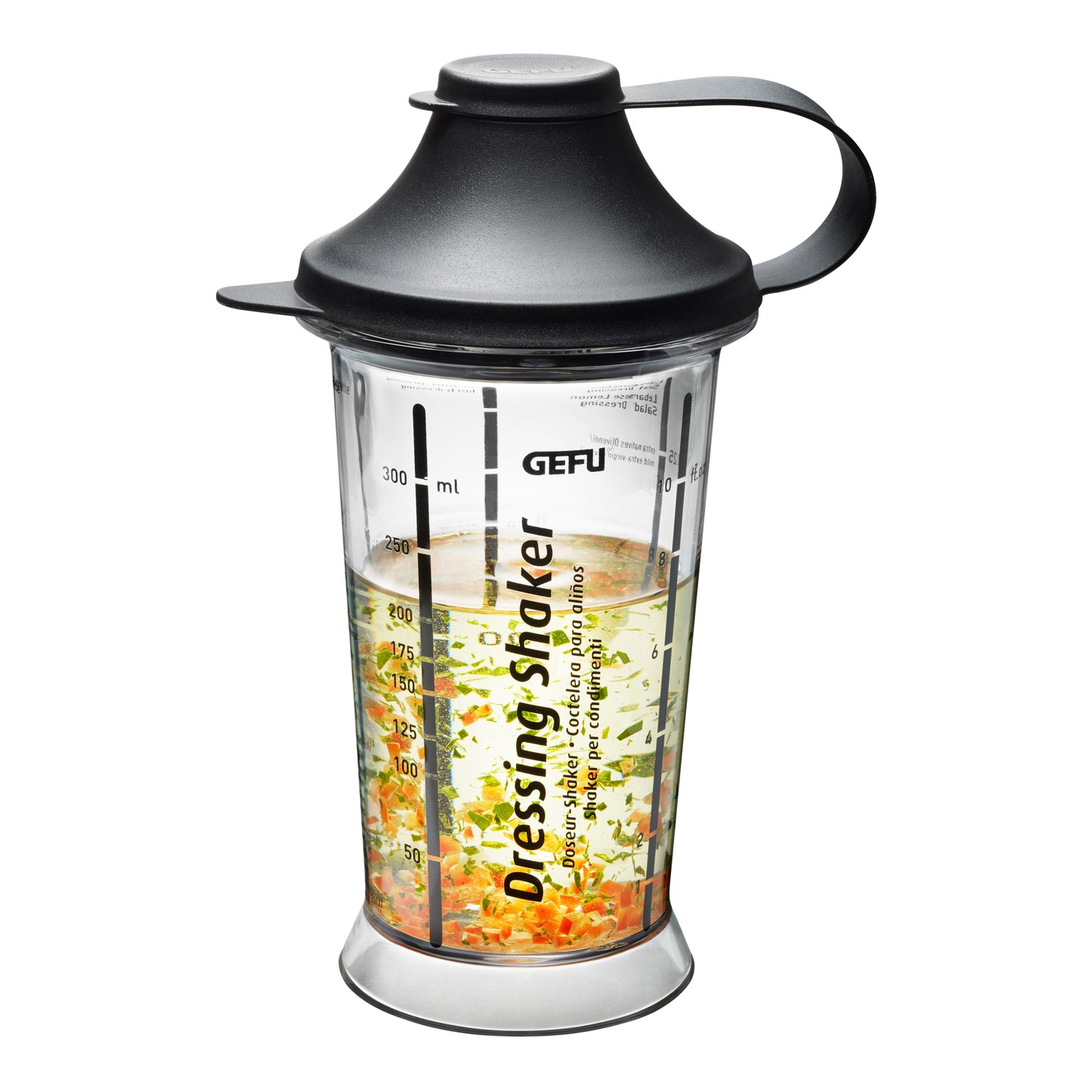 Dressing shaker with black lid and handle, clear container with measurement markings