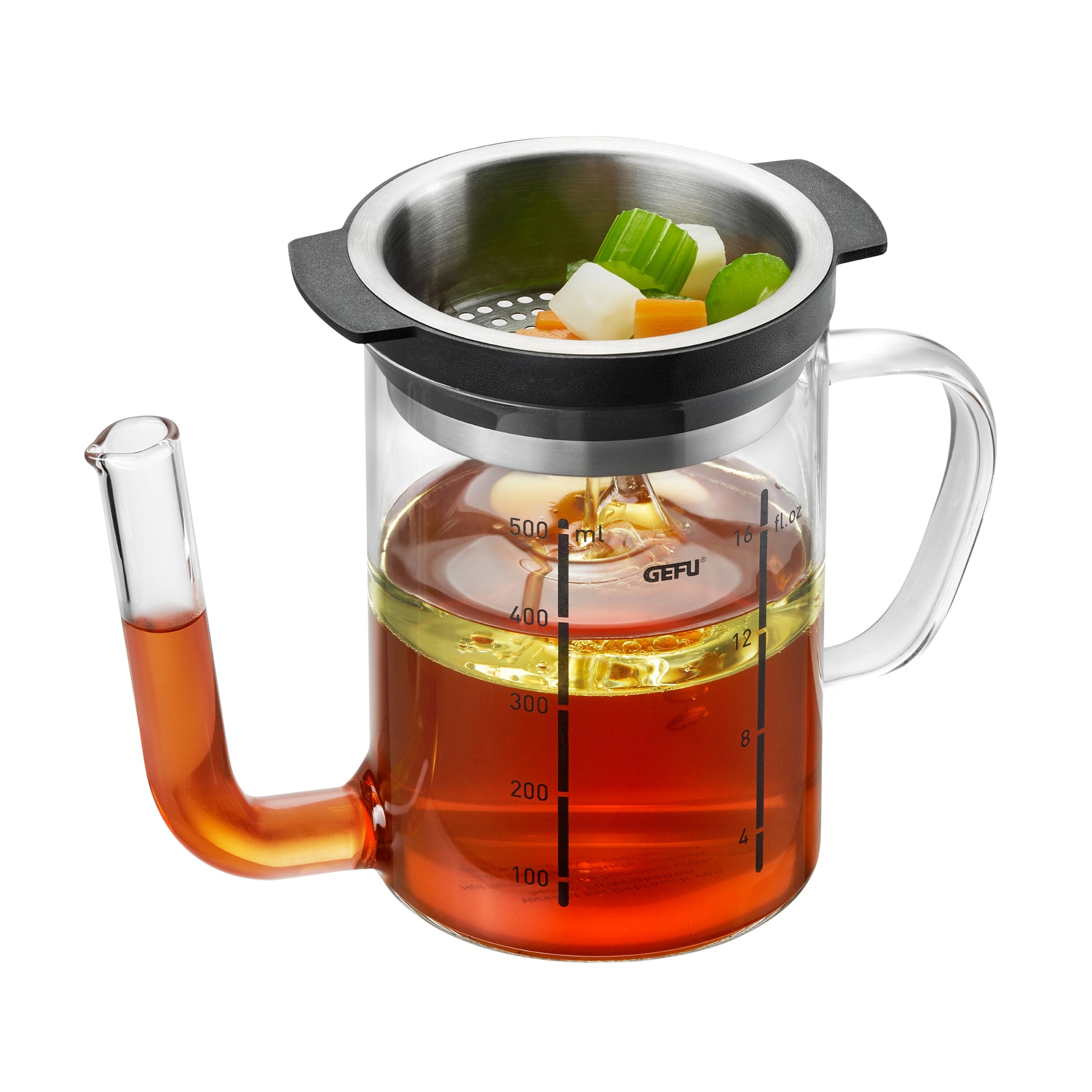 SEPARATO fat separator jug with clear glass, spout, handle, black strainer lid