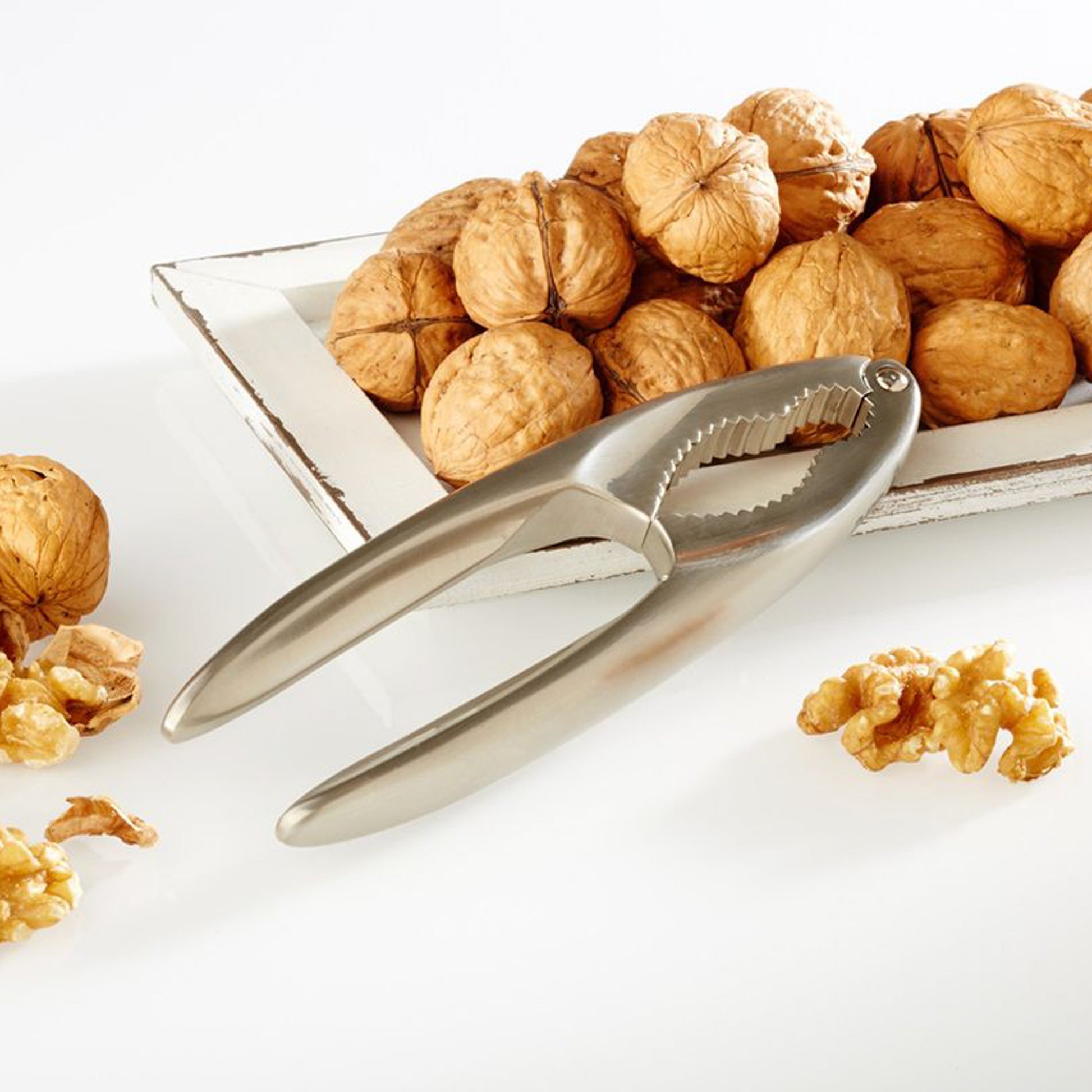 Nut cracker with toothed jaws over walnuts in white tray, stainless steel design