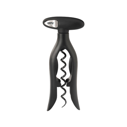 Black handheld corkscrew with spiral worm and ergonomic lever handle