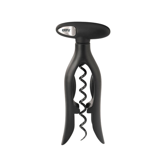 Black handheld corkscrew with spiral worm and ergonomic lever handle