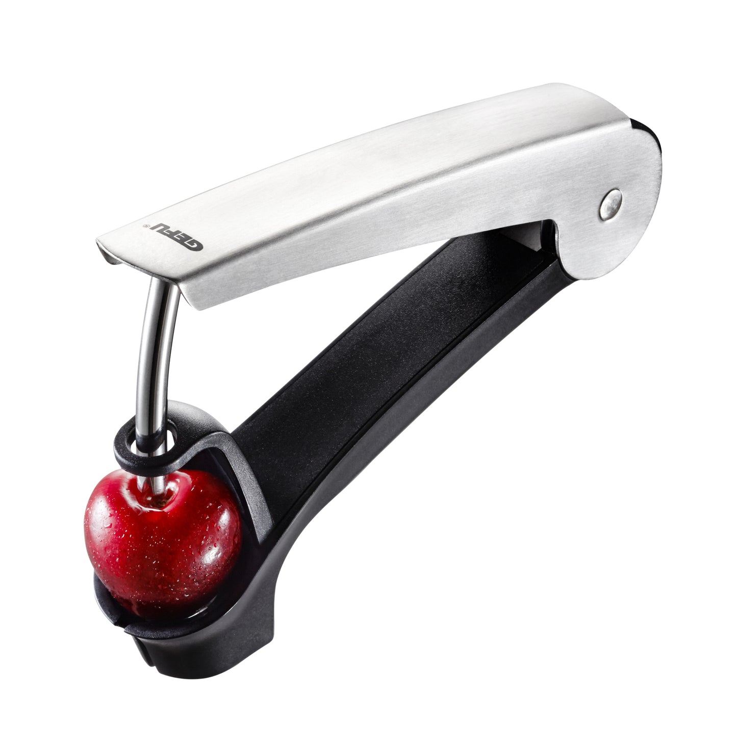 Cherry pitter with stainless steel lever and black handle, chrome hole for removing pits