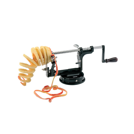 Apple peeler spiral slicer with apple wedge and ribbon peels, black base and metal shaft