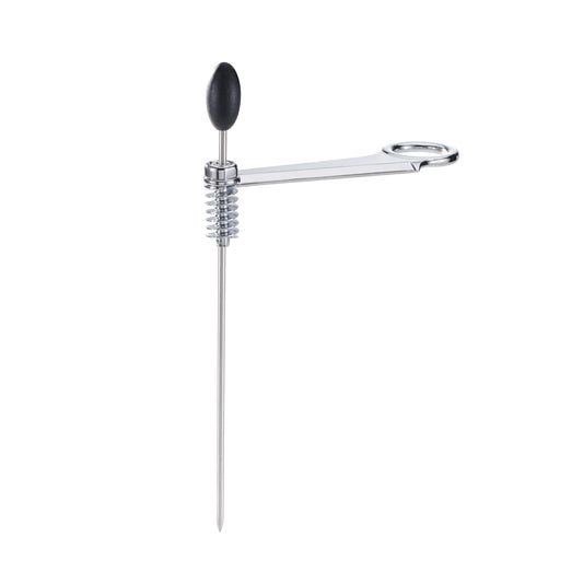 Radish curler with long metal handle and black grip, spring coil at the blade end