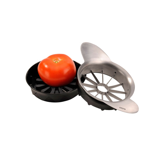 Tomato and apple slicer with stainless cutting disk and black base