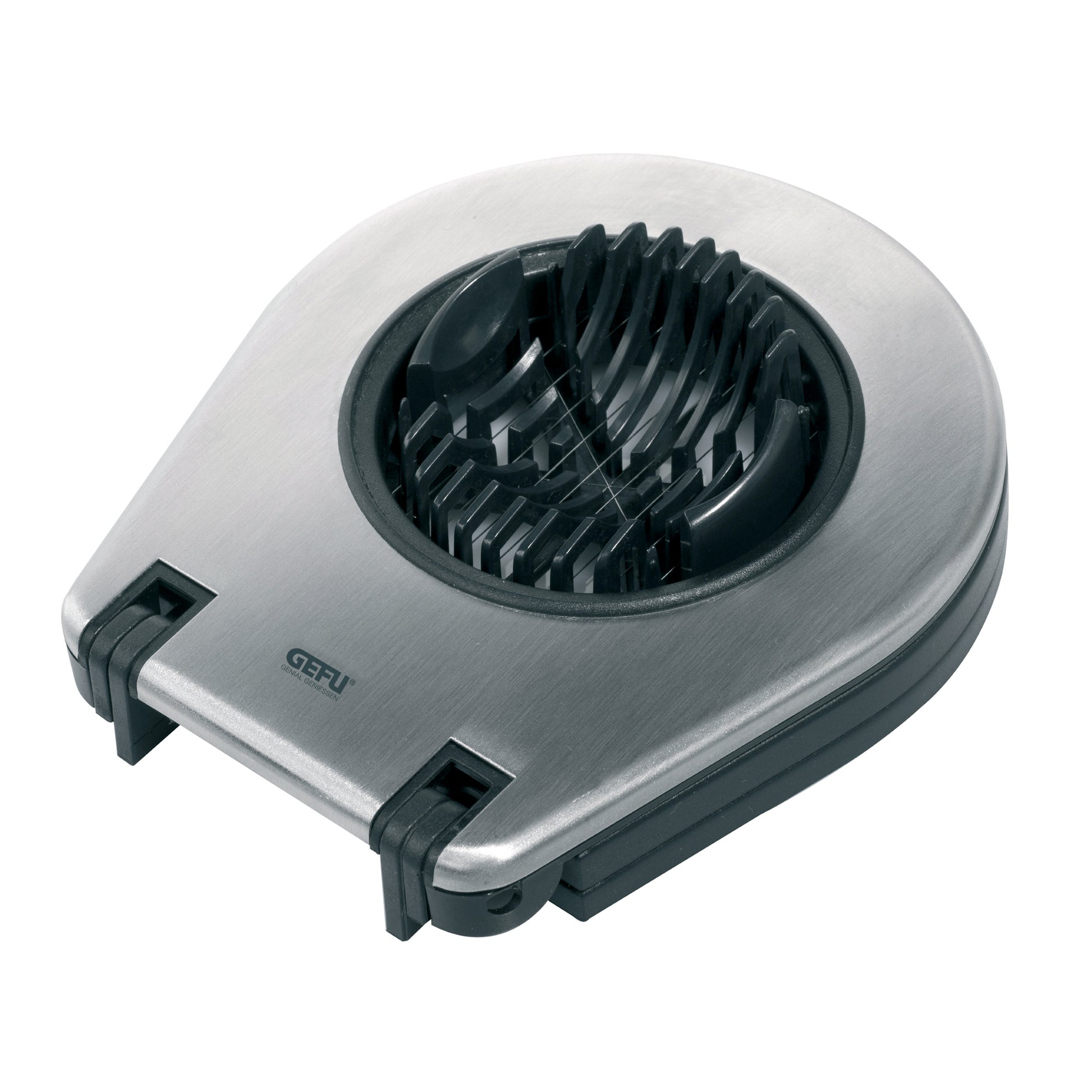 Stainless steel and black egg slicer with circular slicing grid