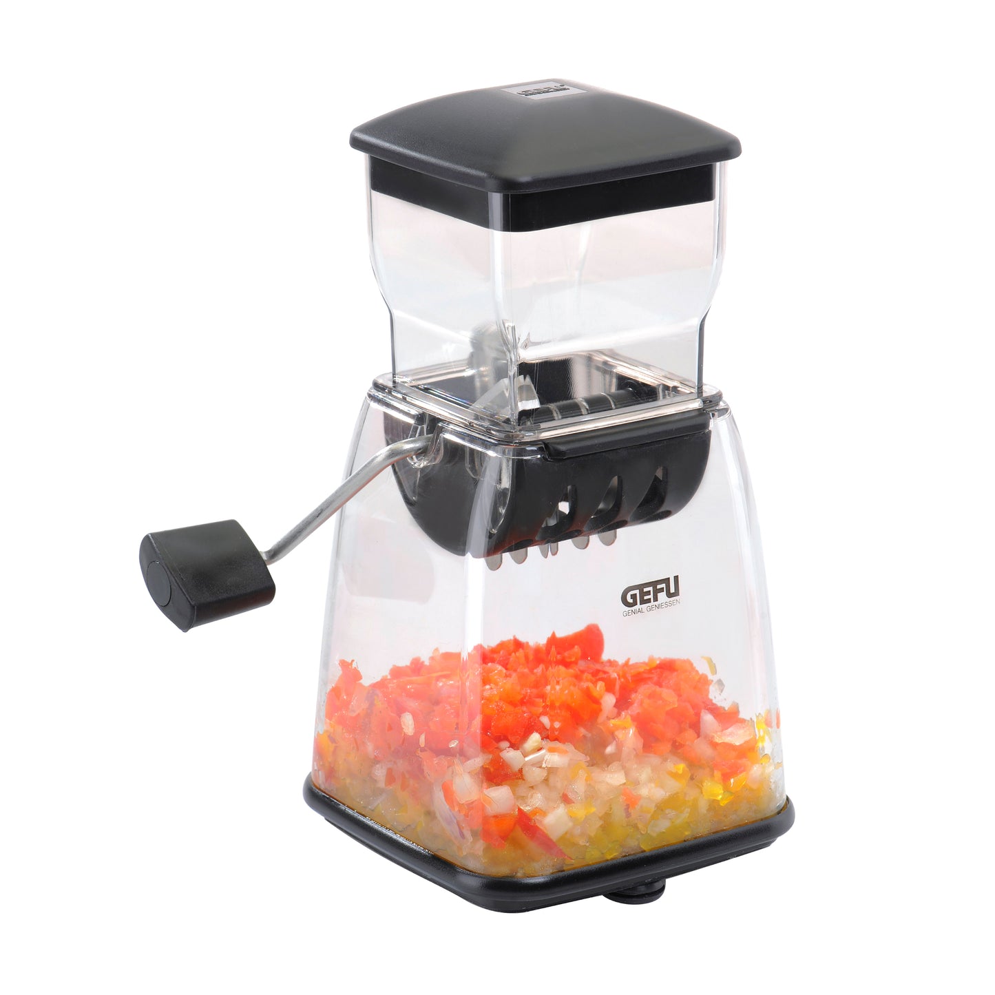GEFU CUBICO cube cutter with clear hopper and black crank handle