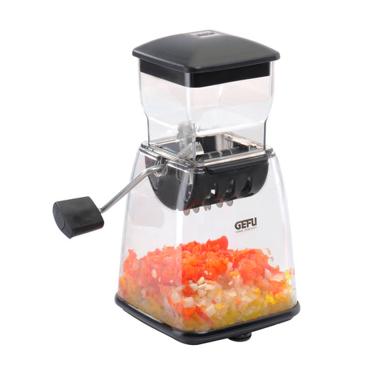 GEFU CUBICO cube cutter with clear hopper and black crank handle