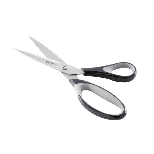 Household scissors with stainless steel blades and black ergonomic handles