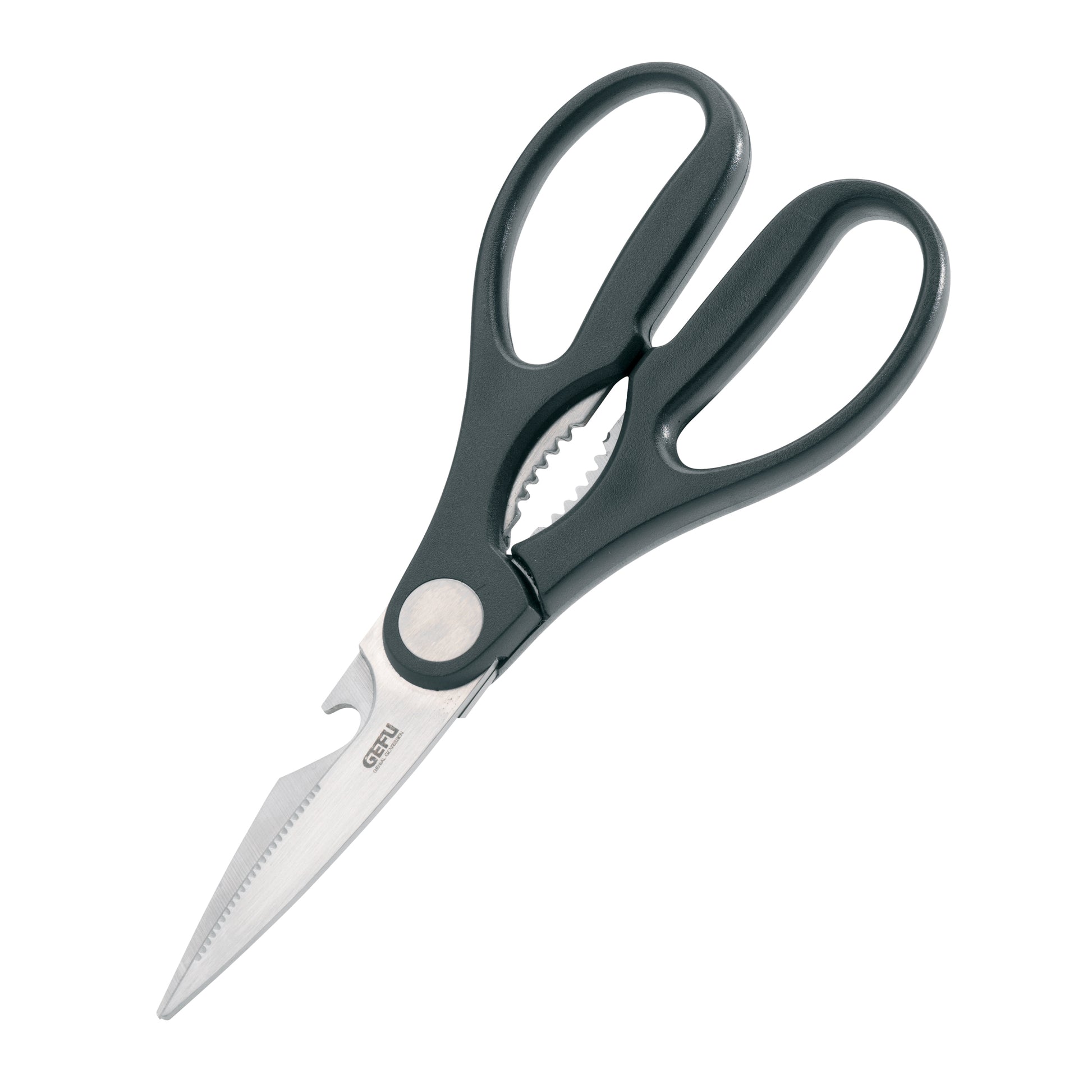 General-purpose scissors with dark grips and serrated blade tips