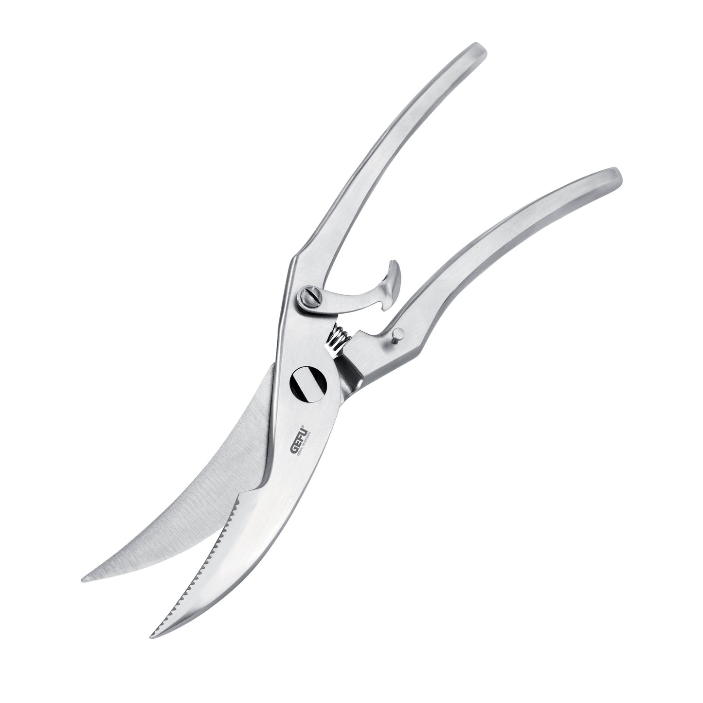 Poultry shears with curved stainless blades and locking finger-loop handles