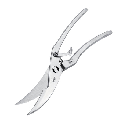 Poultry shears with curved stainless blades and locking finger-loop handles
