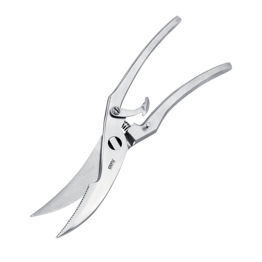Poultry shears with curved stainless blades and locking finger-loop handles