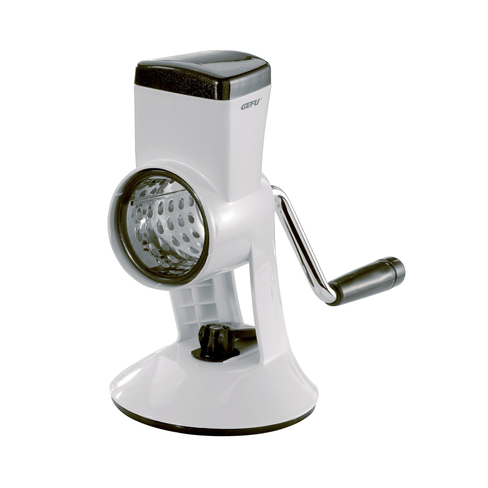 FRACINA universal mill grater with round stainless grating drum and side handle, white body