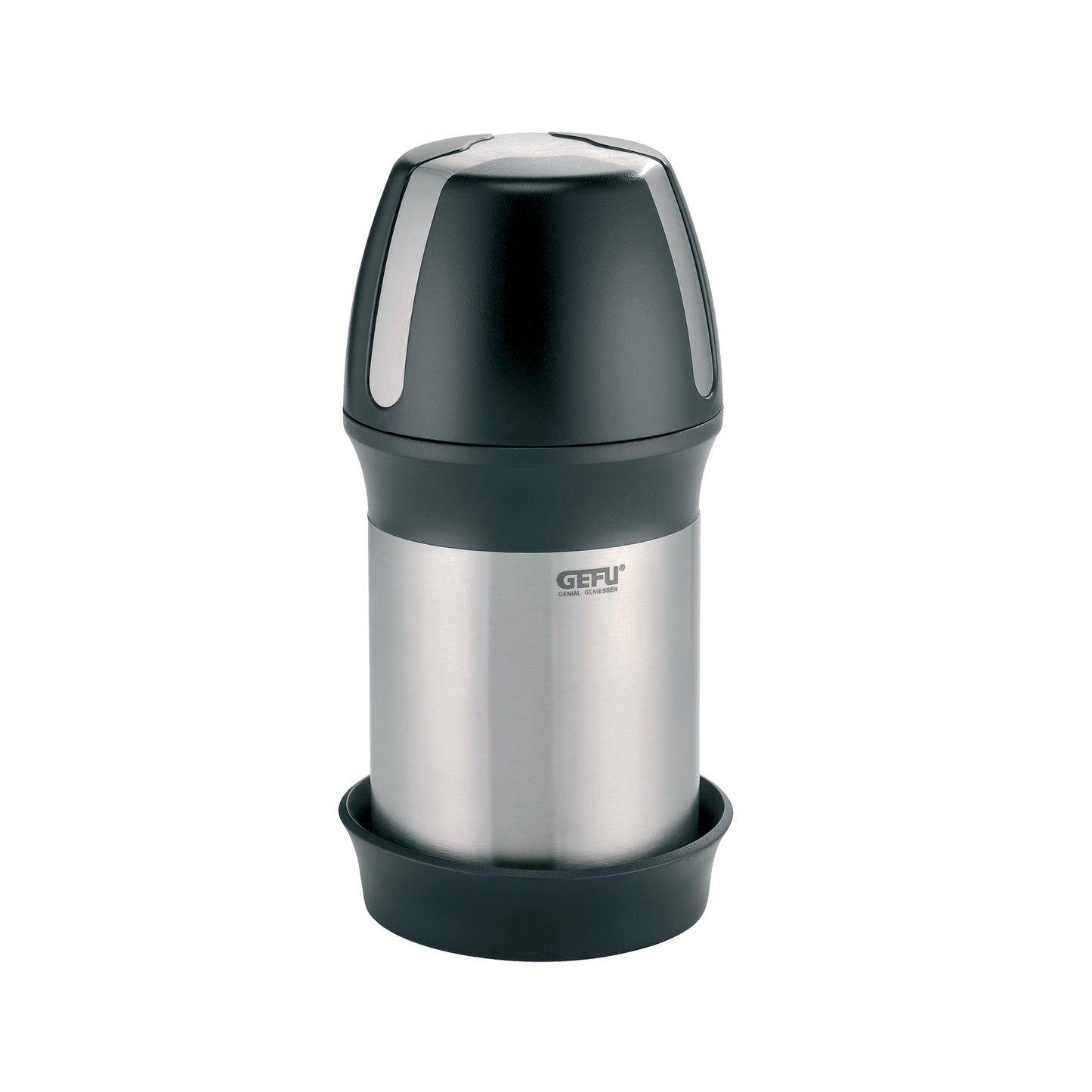 Handheld cheese grater with stainless-steel body and dark top, base ring