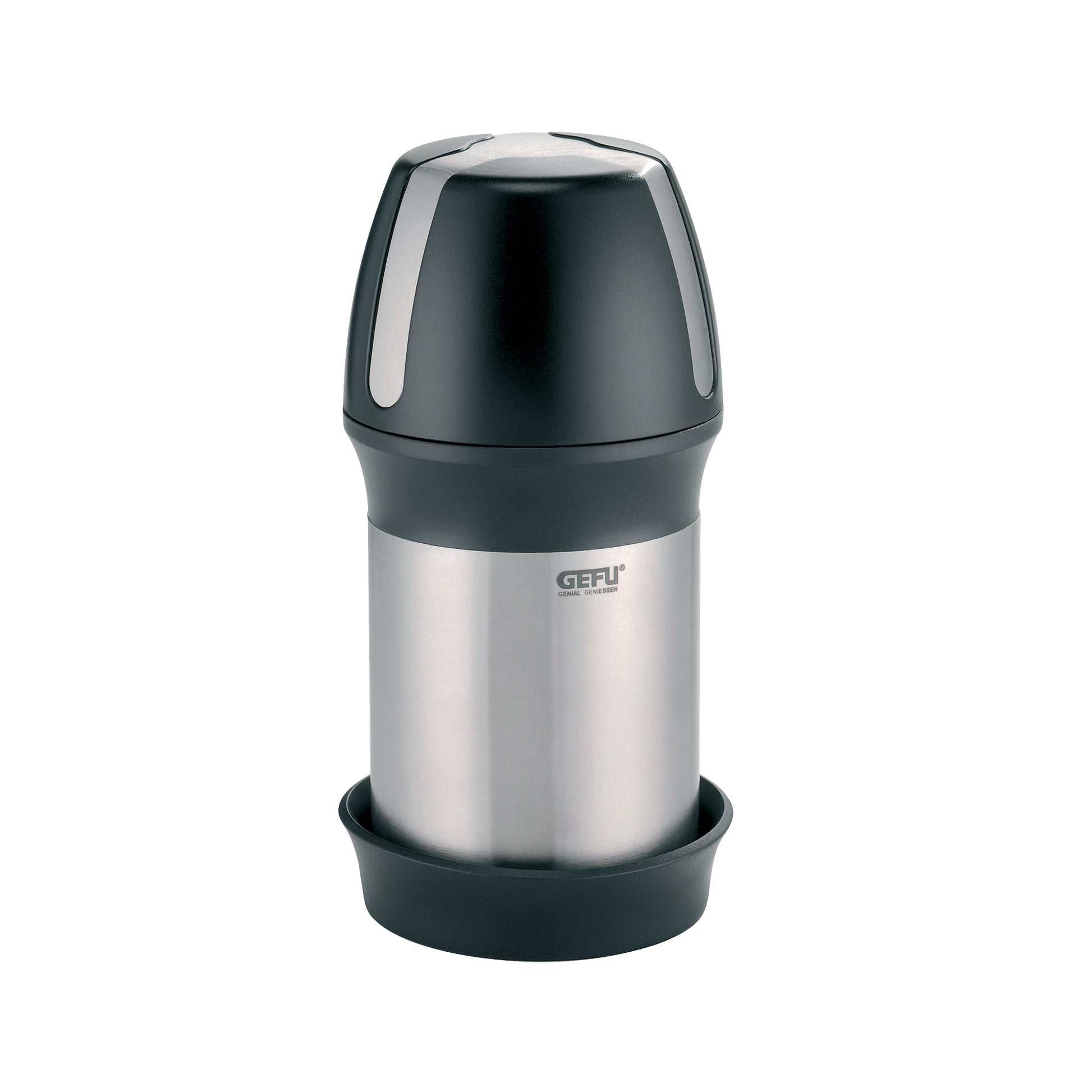 Handheld cheese grater with stainless-steel body and dark top, base ring