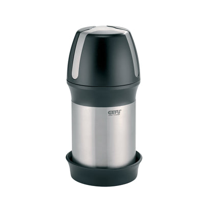 Handheld cheese grater with stainless-steel body and dark top, base ring