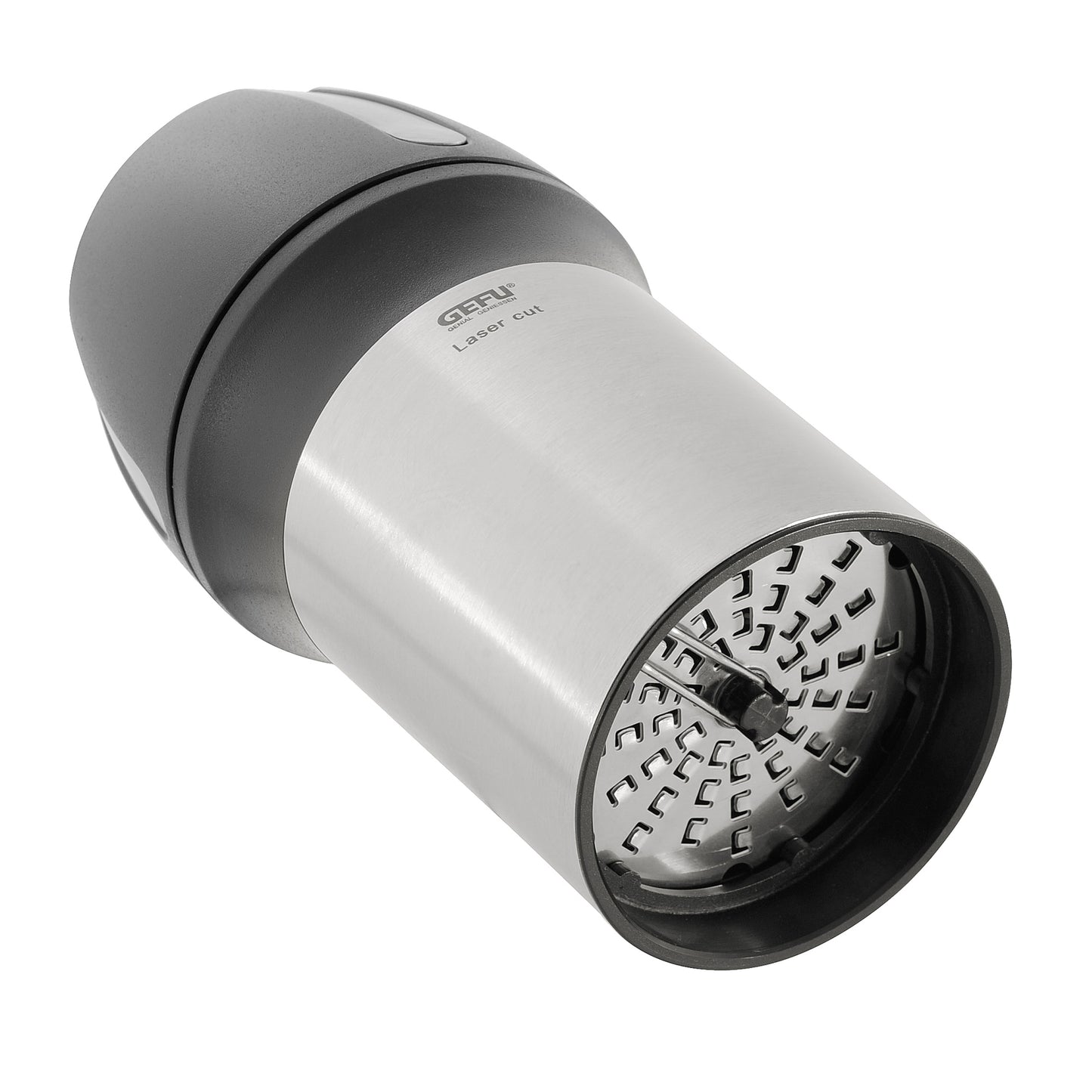 Handheld stainless-steel cheese grater with dark end cap and grating holes