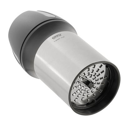 Handheld stainless-steel cheese grater with dark end cap and grating holes