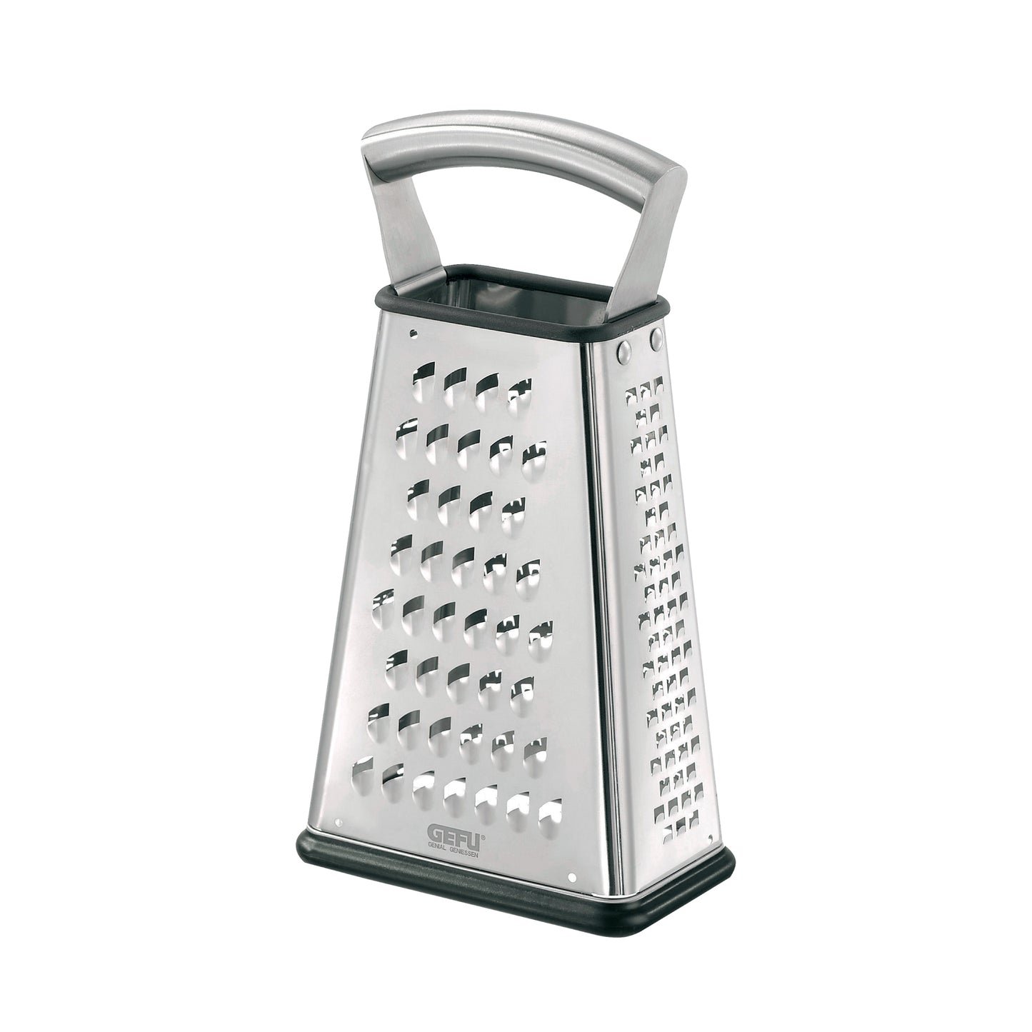 Stainless steel four-way grater with ergonomic handle and multi-size shredding blades