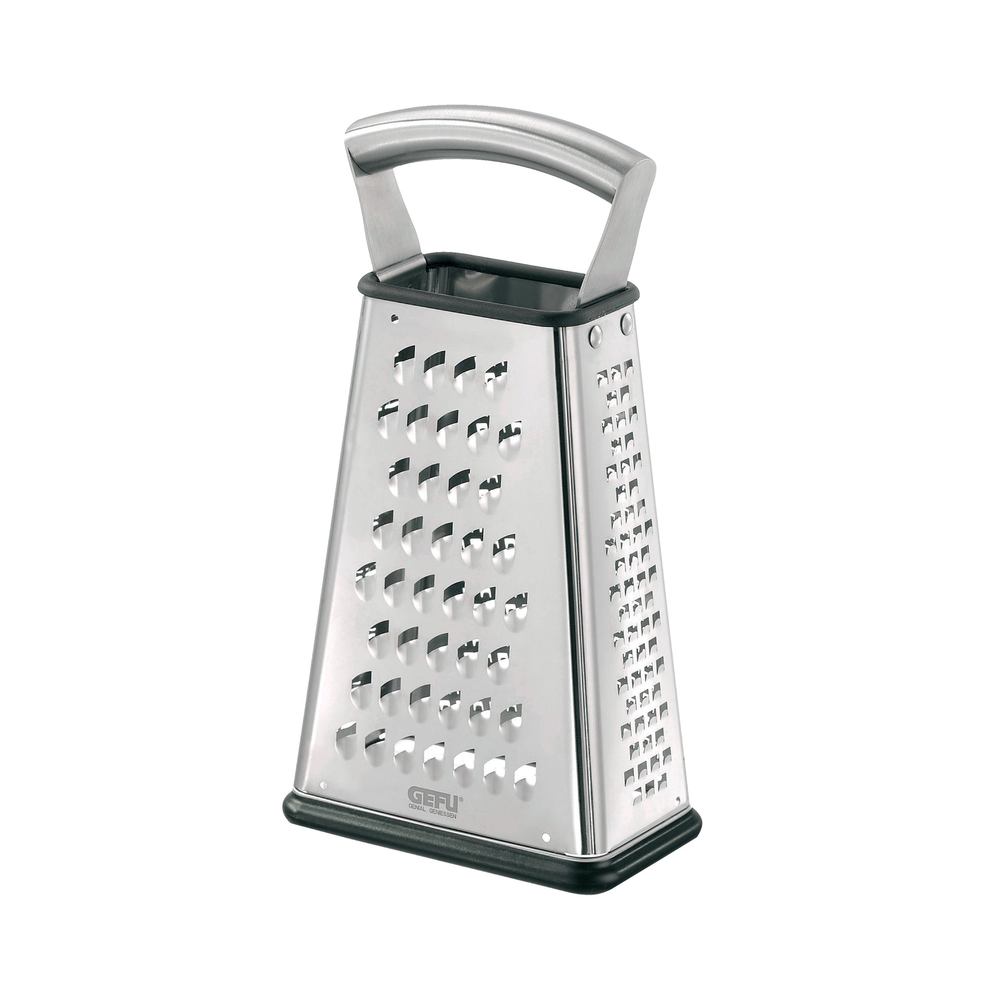 Stainless steel four-way grater with ergonomic handle and multi-size shredding blades