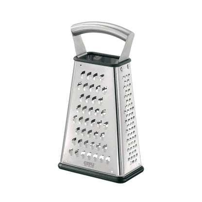 Stainless steel four-way grater with ergonomic handle and multi-size shredding blades