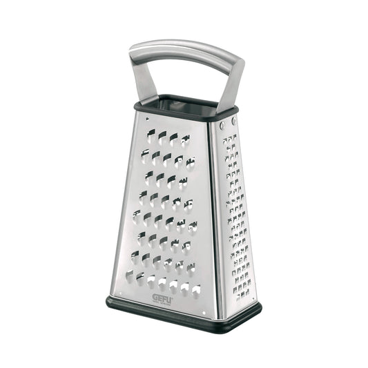 Stainless steel four-way grater with ergonomic handle and multi-size shredding blades