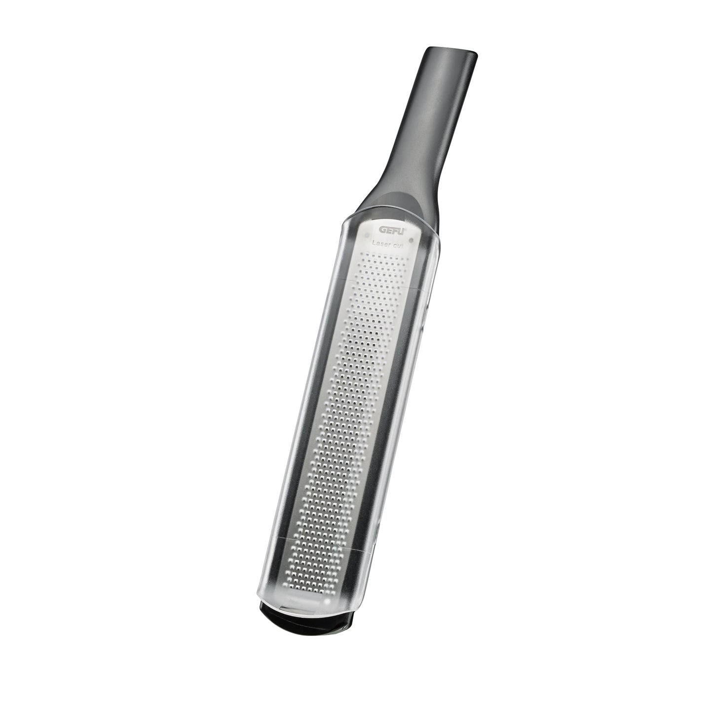 Fine grater with perforated metal surface and dark handle