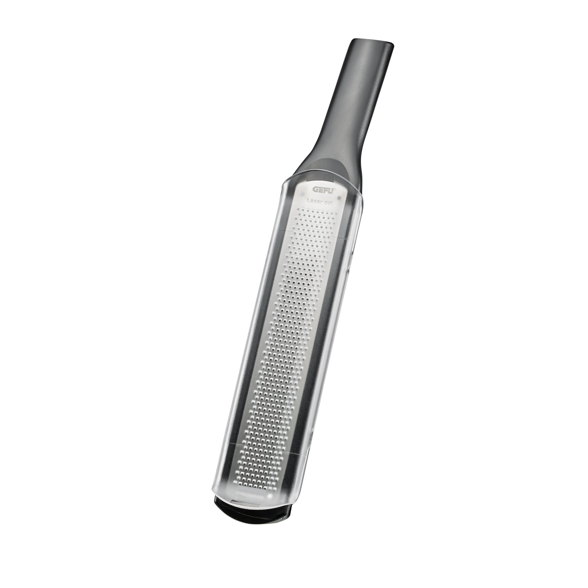 Fine grater with perforated metal surface and dark handle
