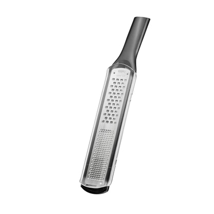 Handheld box grater with fine and coarse shredding holes, black handle