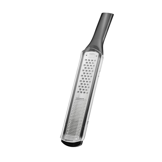 Handheld box grater with fine and coarse shredding holes, black handle