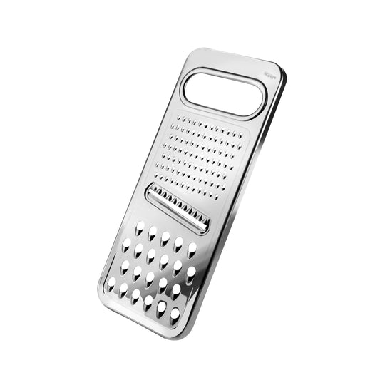 Universal metal grater with curved handle and multiple perforated grating holes