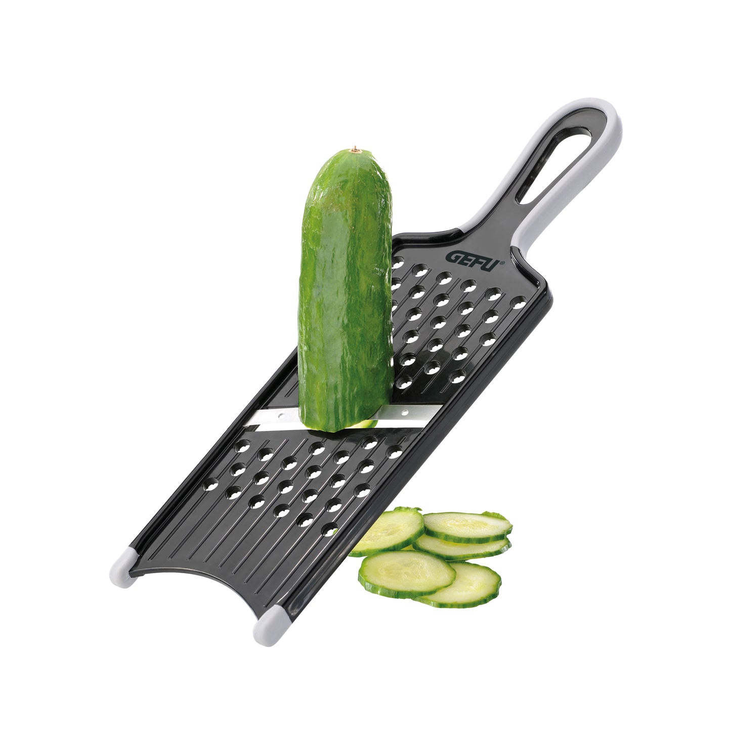 ASIA vegetable slicer with perforated plate and handle, slicing cucumber rounds
