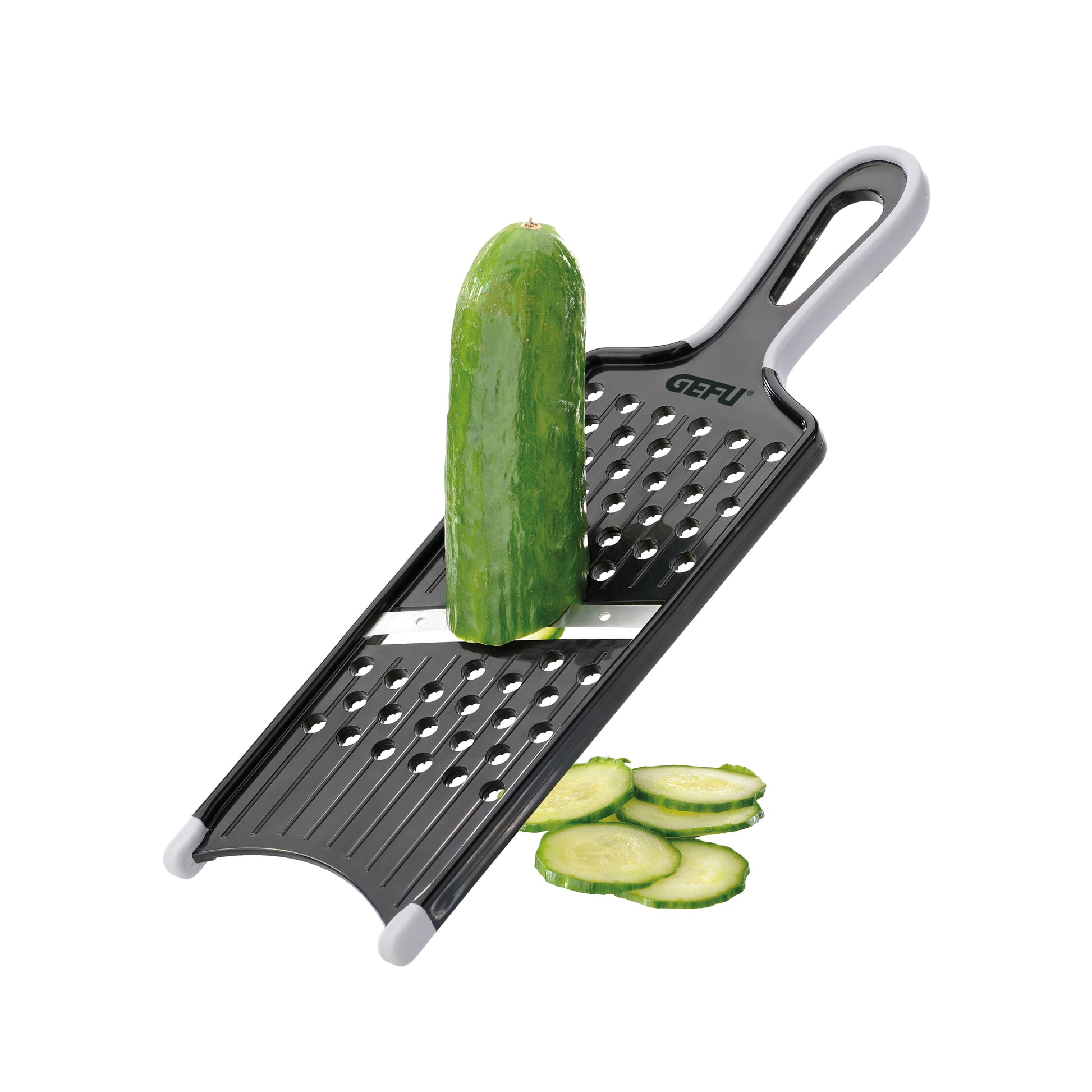 ASIA vegetable slicer with perforated plate and handle, slicing cucumber rounds