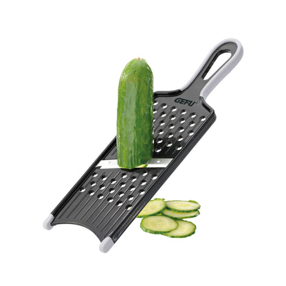 ASIA vegetable slicer with perforated plate and handle, slicing cucumber rounds