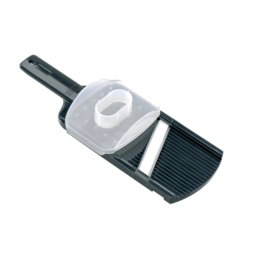 Ceramic slicer with black handle and clear white cutting guard