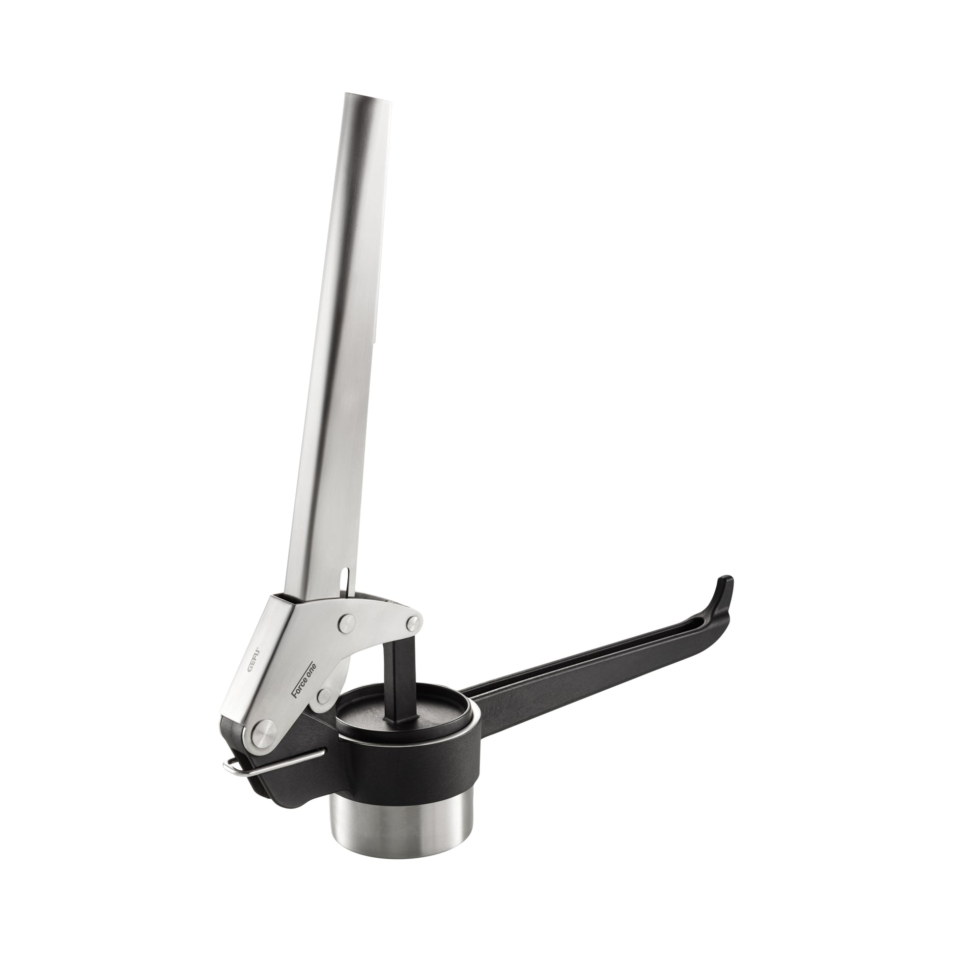 Potato, juice & spaetzle press with long handle and black lever over stainless cup