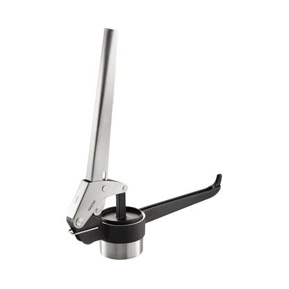 Potato, juice & spaetzle press with long handle and black lever over stainless cup