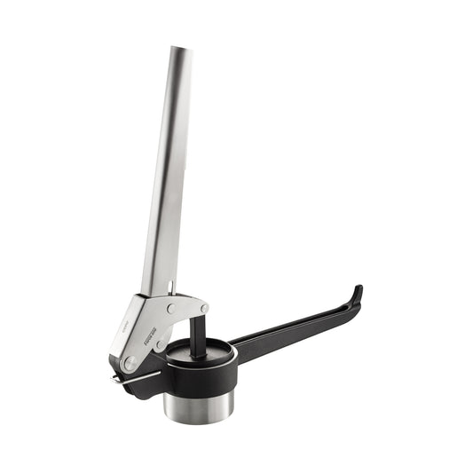 Potato, juice & spaetzle press with long handle and black lever over stainless cup
