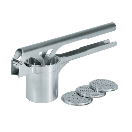 Stainless steel potato & spaetzle press with multiple perforated discs
