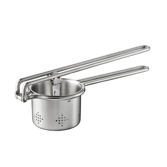 Stainless steel potato press and fruit juicer with perforated basket and long handles