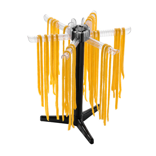 Pasta dryer with black frame and hanging yellow spaghetti on clear clips