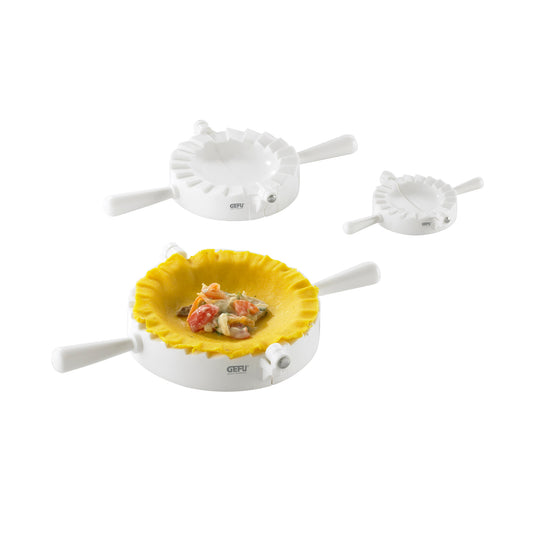 Ravioli pasta-case mould set, white round cutters with handles