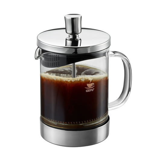 Stainless steel glass coffee press with chrome plunger, black filter screen, side handle