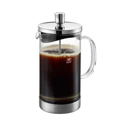 Glass coffee press with chrome lid and plunger, dark liquid inside, side handle